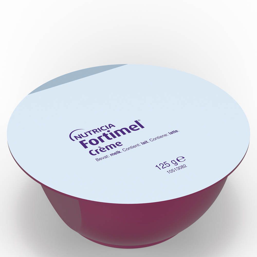 Coupelle rouge avec couvercle. Inscription: Nutricia Fortimel Crème. 125g.