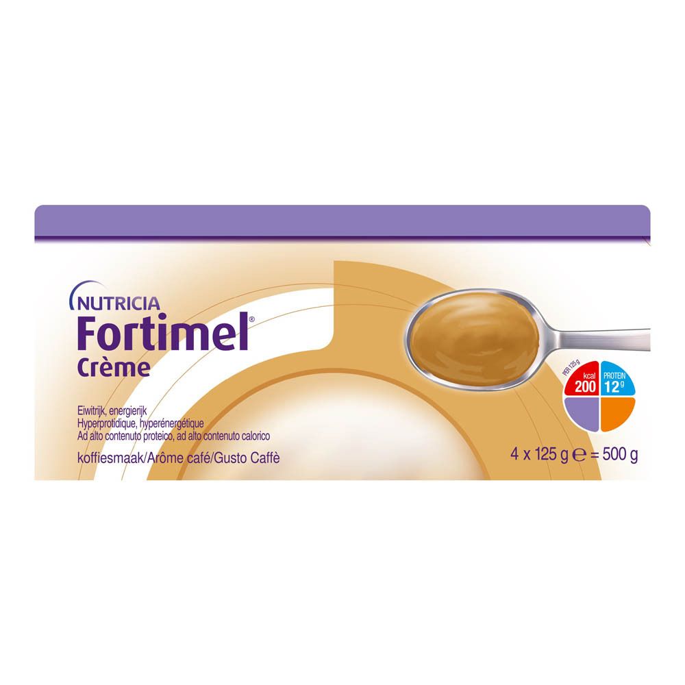 Fortimel Crème, goût café, dans un bol avec une cuillère. Marque Nutricia. Informations nutritionnelles.