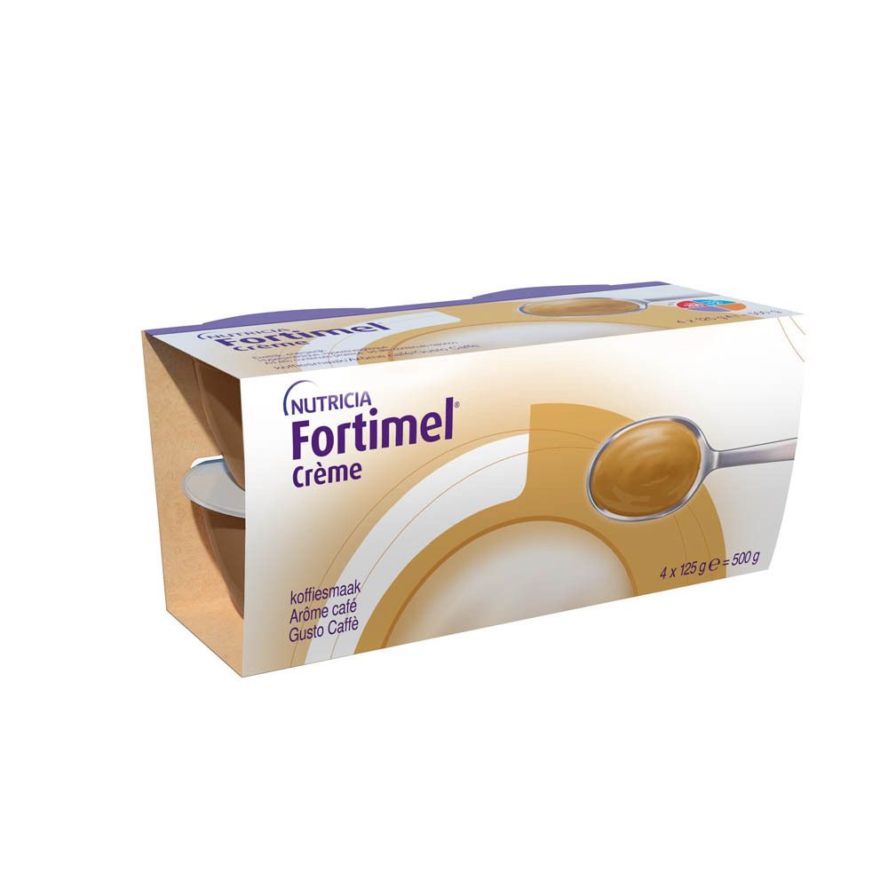 Boîte de 4 pots de Fortimel Crème, goût café. Marque Nutricia. 4 x 125g.