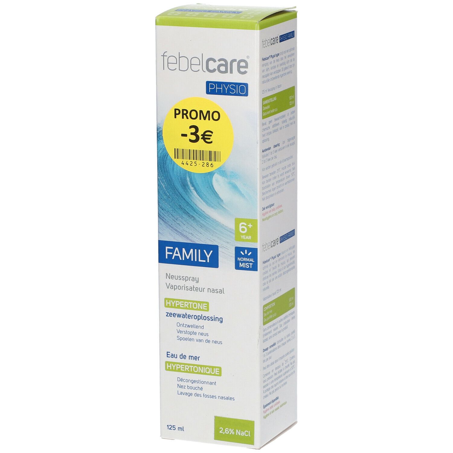 Boîte de Febelcare Physio Family Hyper Neusspray. Autocollant promo jaune avec -3€. Texte : Solution hypertonique d'eau de mer, 125 ml, 2,6% NaCl.