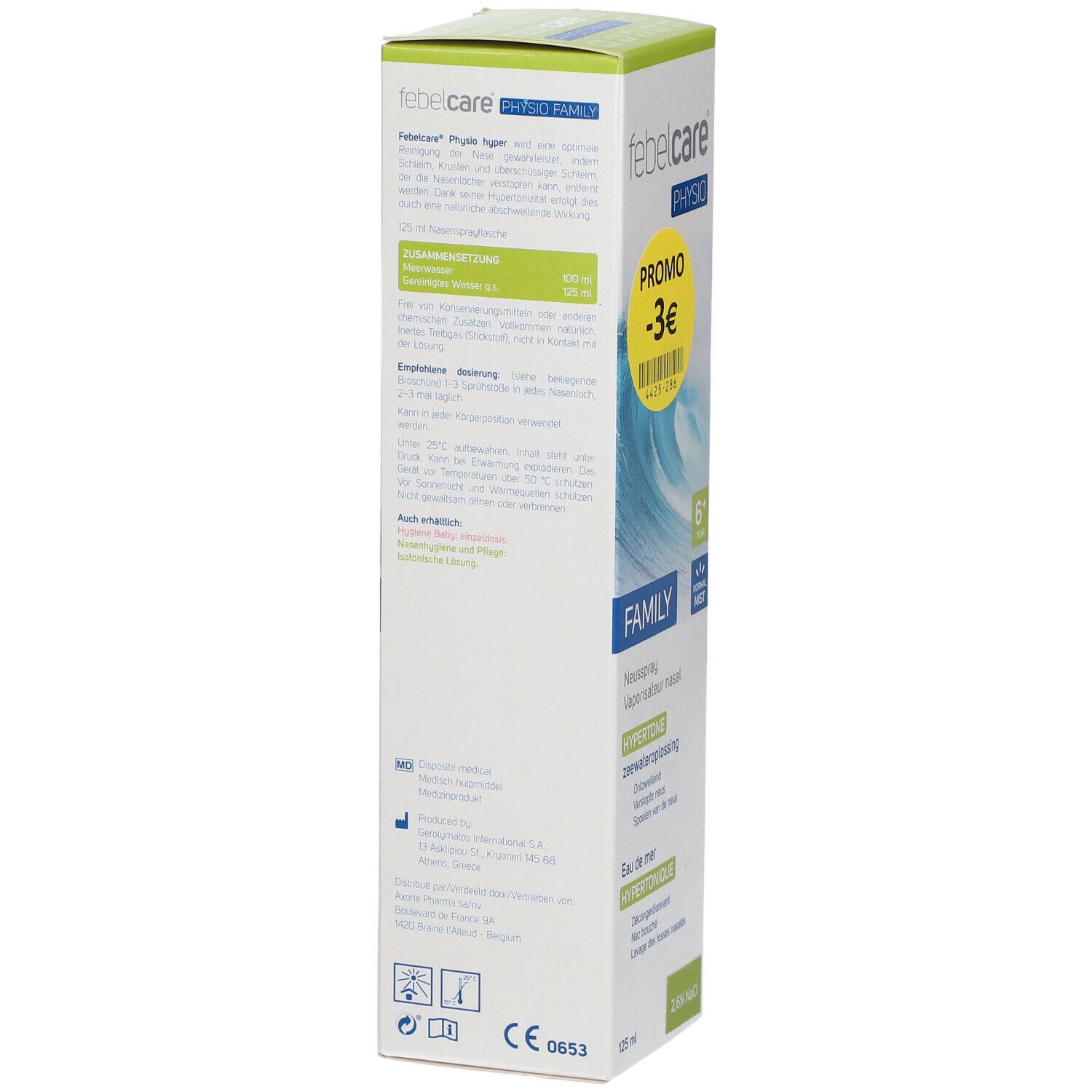 Dos de la boîte de Febelcare Physio Family Hyper Neusspray. Texte : Mode d'emploi, ingrédients, marquage CE, 125 ml.