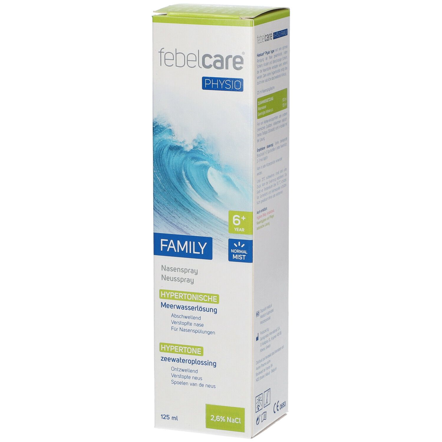 Boîte de Febelcare Physio Family Hyper Neusspray. Texte : Spray nasal, solution hypertonique d'eau de mer, 125 ml, 2,6% NaCl.