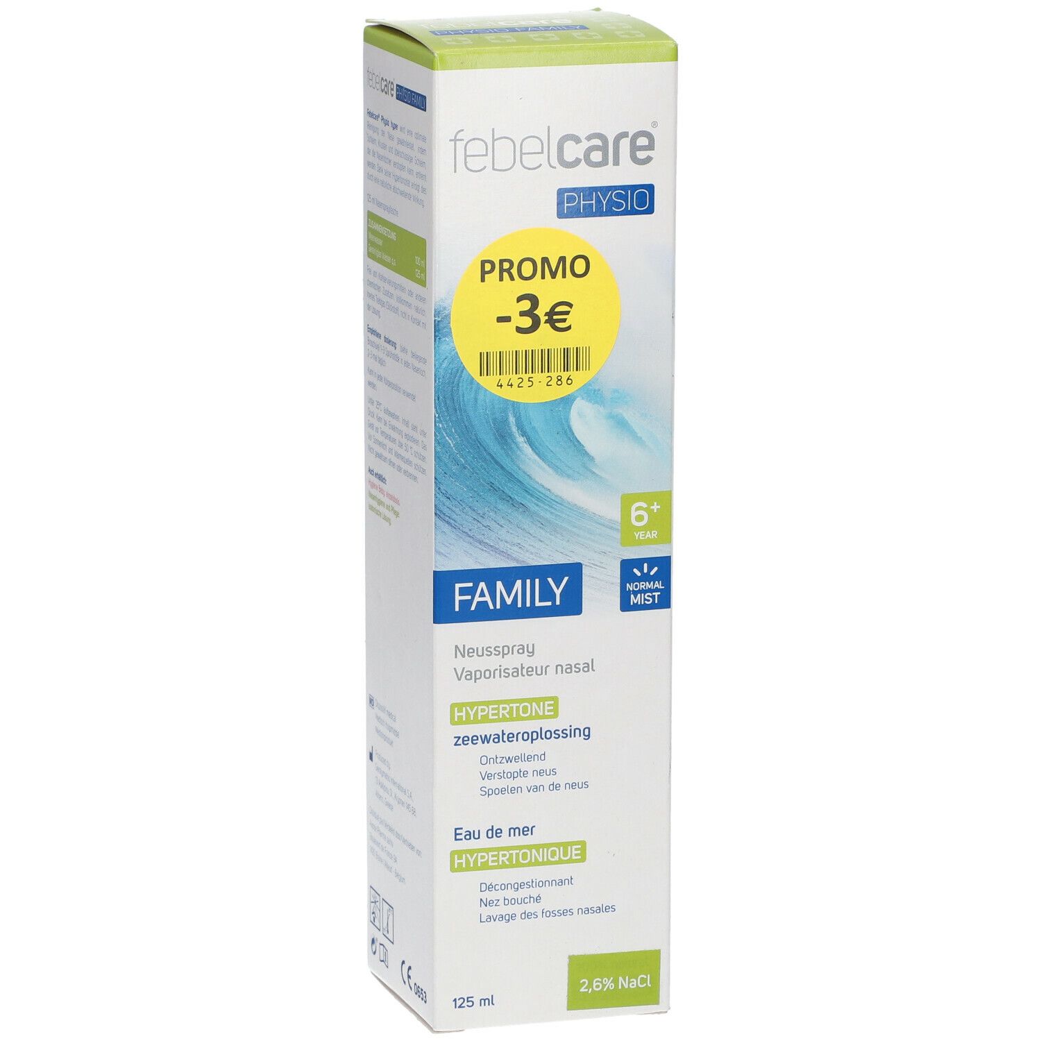 Boîte de Febelcare Physio Family Hyper Neusspray. Autocollant promo jaune avec -3€. Texte : Vaporisateur nasal, solution hypertonique d'eau de mer, 125 ml, 2,6% NaCl.