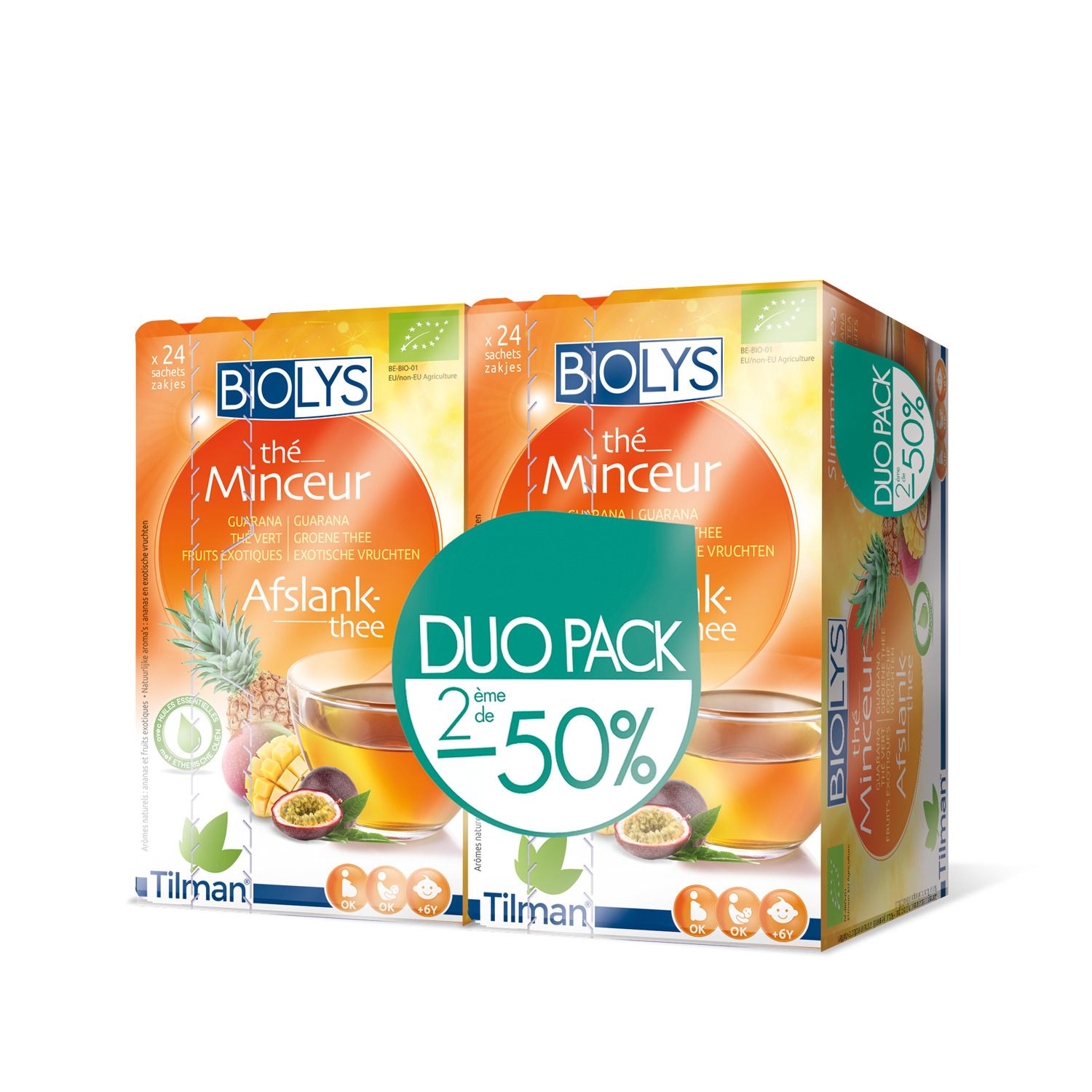 BIOLYS Thé Minceur Duo-Pack. Deux boîtes de thé avec guarana, thé vert et fruits exotiques. 2x24 sachets.