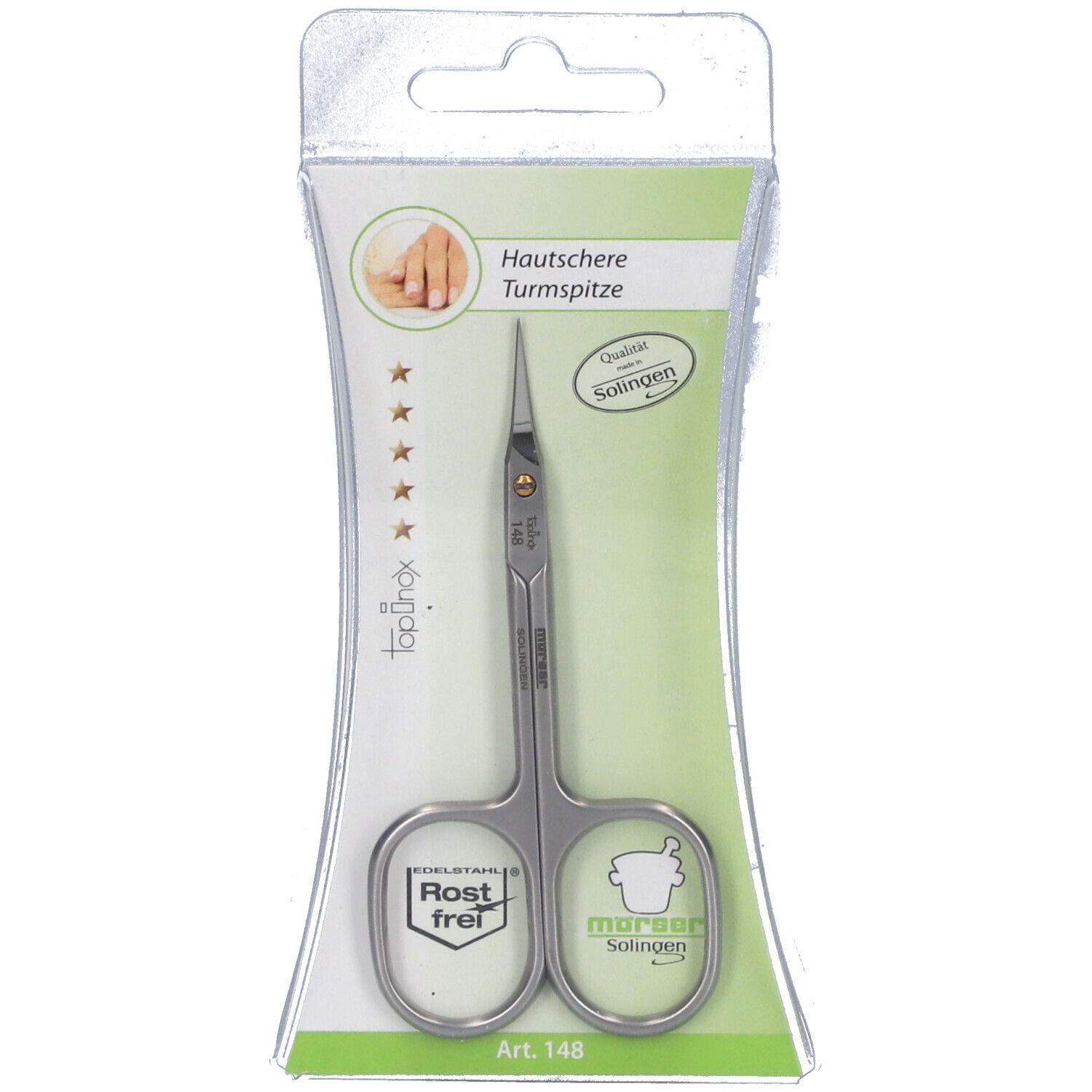 Ciseaux à cuticules MORSEL en blister. Acier inoxydable, qualité Solingen. Référence 148.