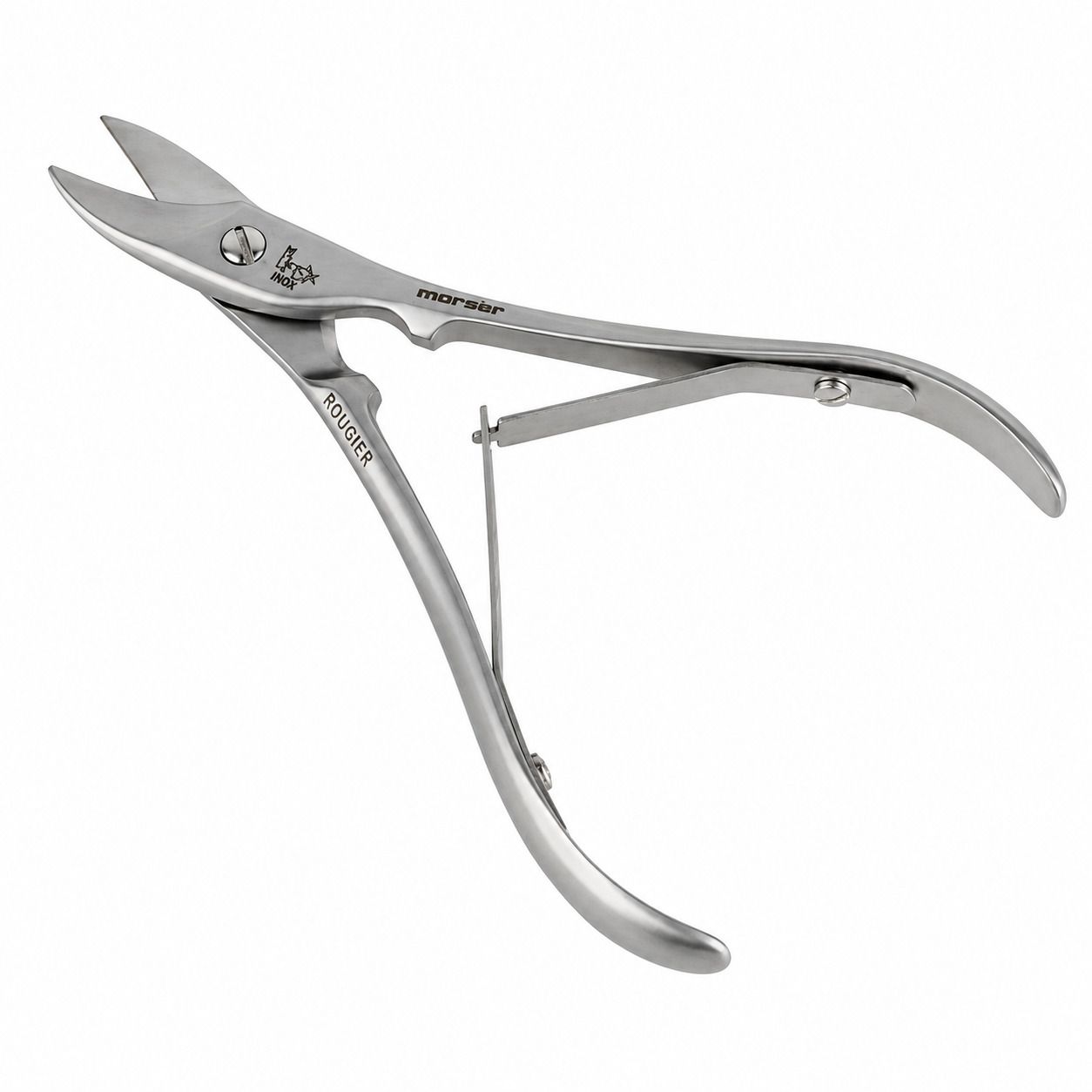 Ciseaux à ongles de pieds en acier inoxydable, lames courbées et ressort, marque 'morser'.