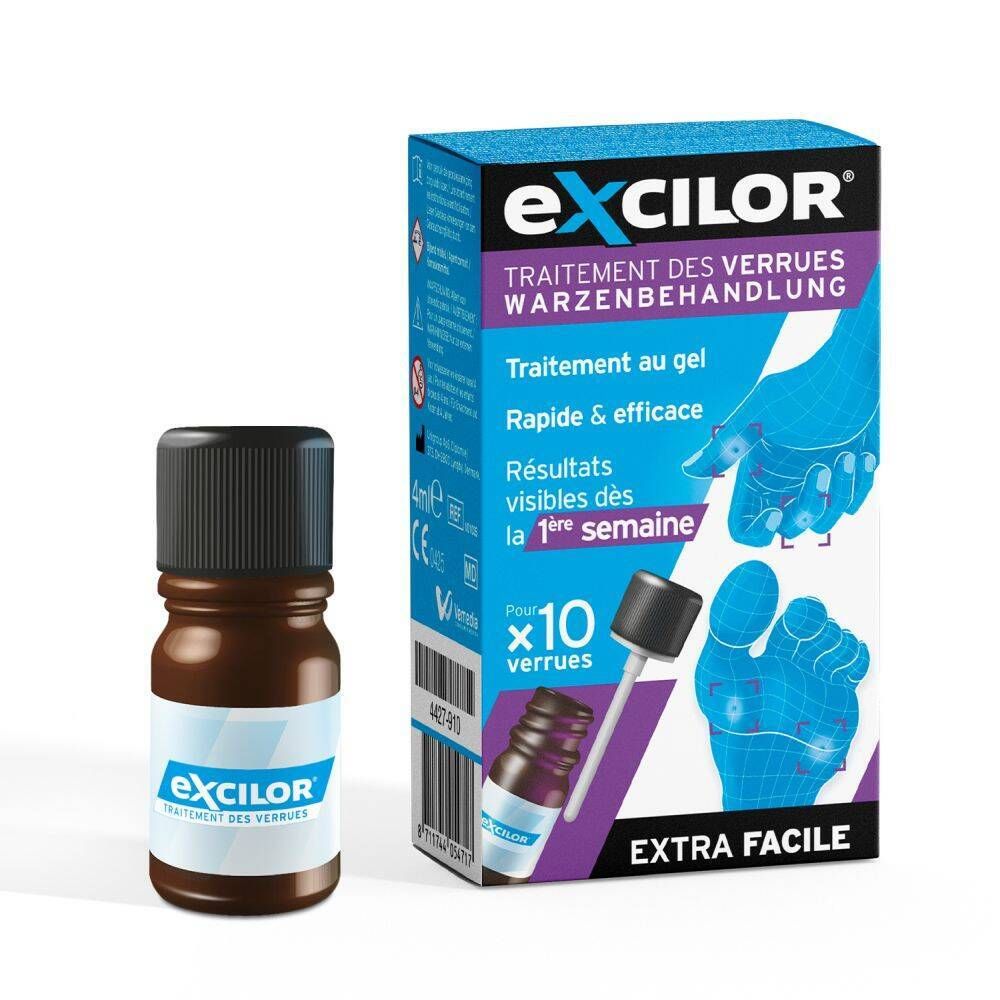 Flacon brun avec bouchon noir. Inscription : Excilor® Wratten behandeling, 4ml.
