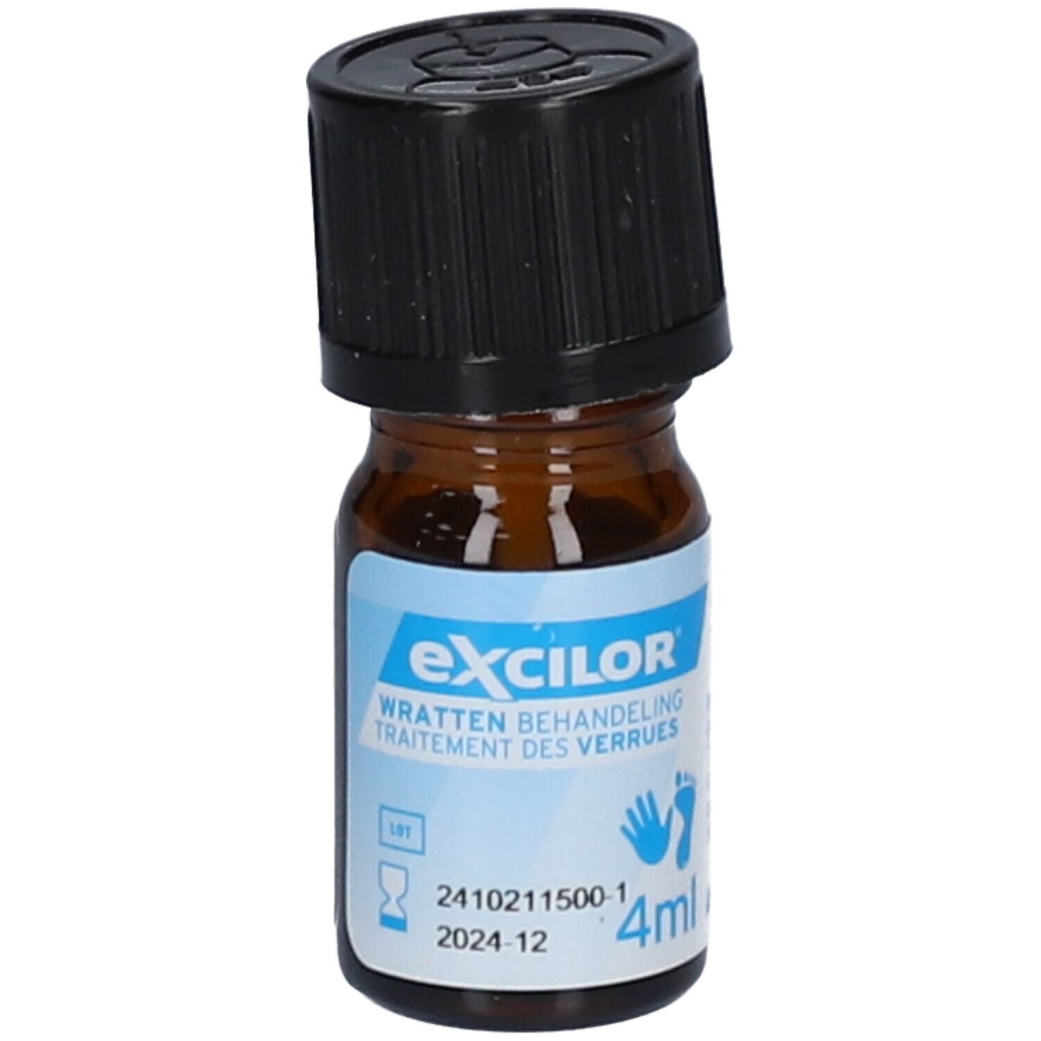 Flacon brun avec bouchon noir. Inscription : Excilor® Wratten behandeling, 4ml.