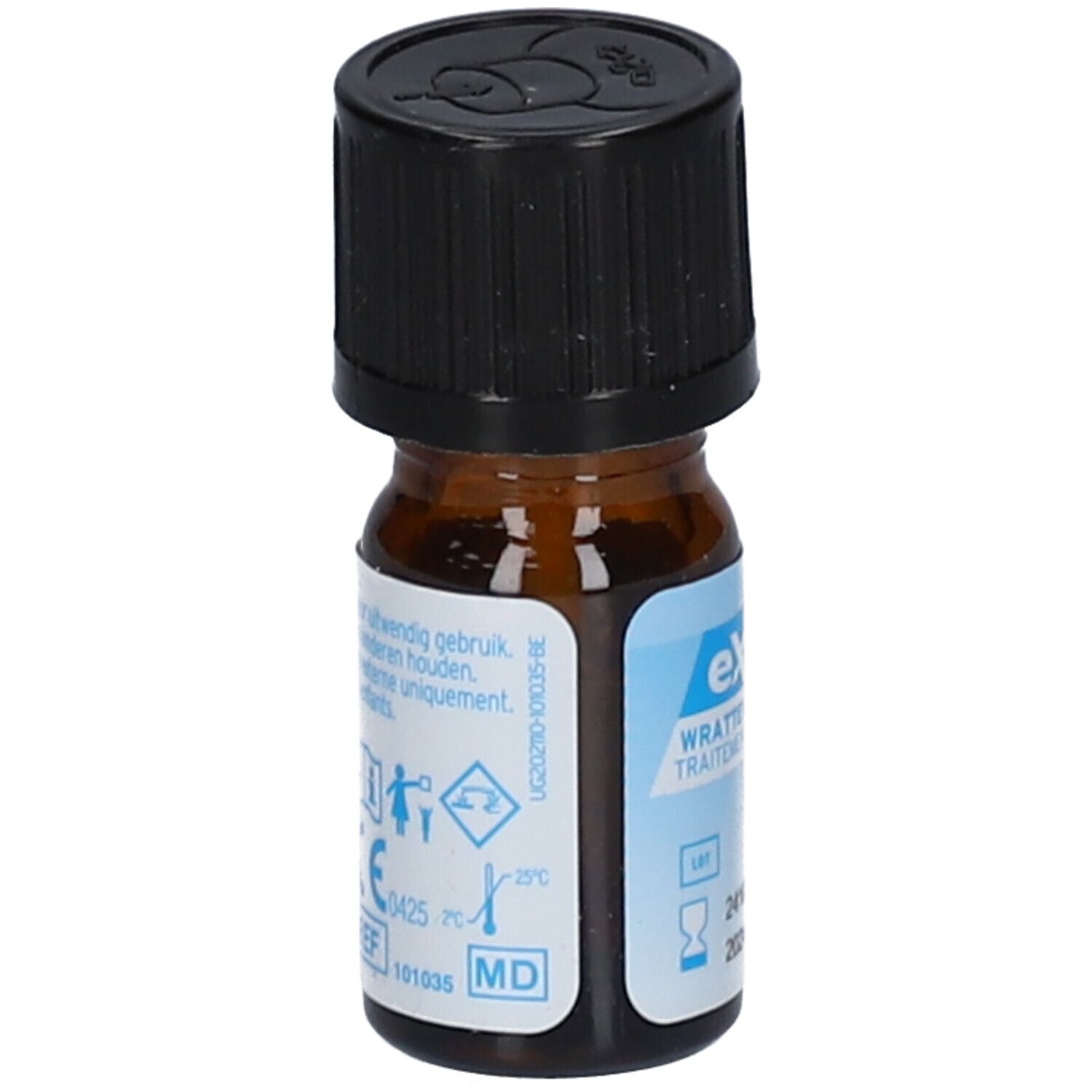 Flacon brun avec bouchon noir. Inscription : Excilor® Wratten behandeling, 4ml.