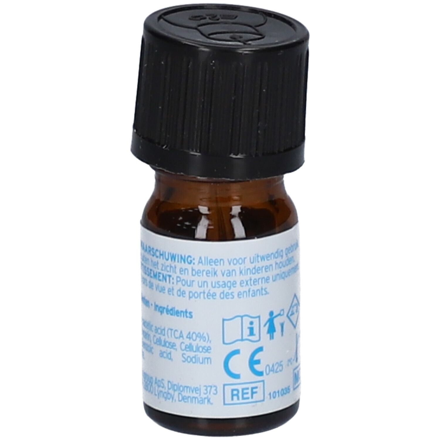 Flacon brun avec bouchon noir. Inscription : Excilor® Wratten behandeling, 4ml.