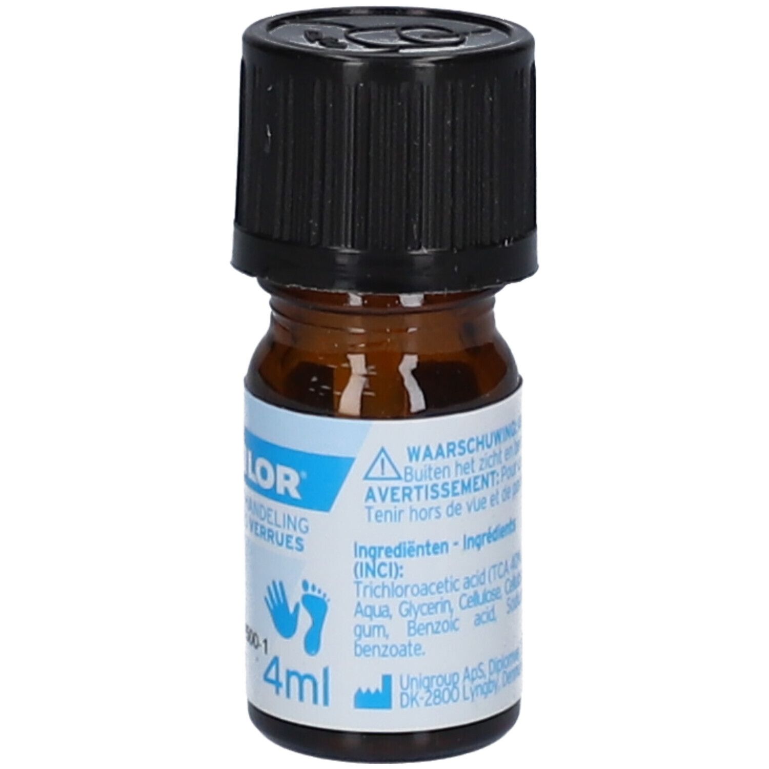 Flacon brun avec bouchon noir. Inscription : Excilor® Wratten behandeling, 4ml.