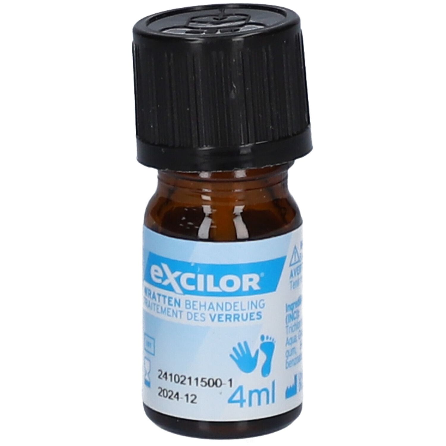 Flacon brun avec bouchon noir. Inscription : Excilor® Wratten behandeling, 4ml.