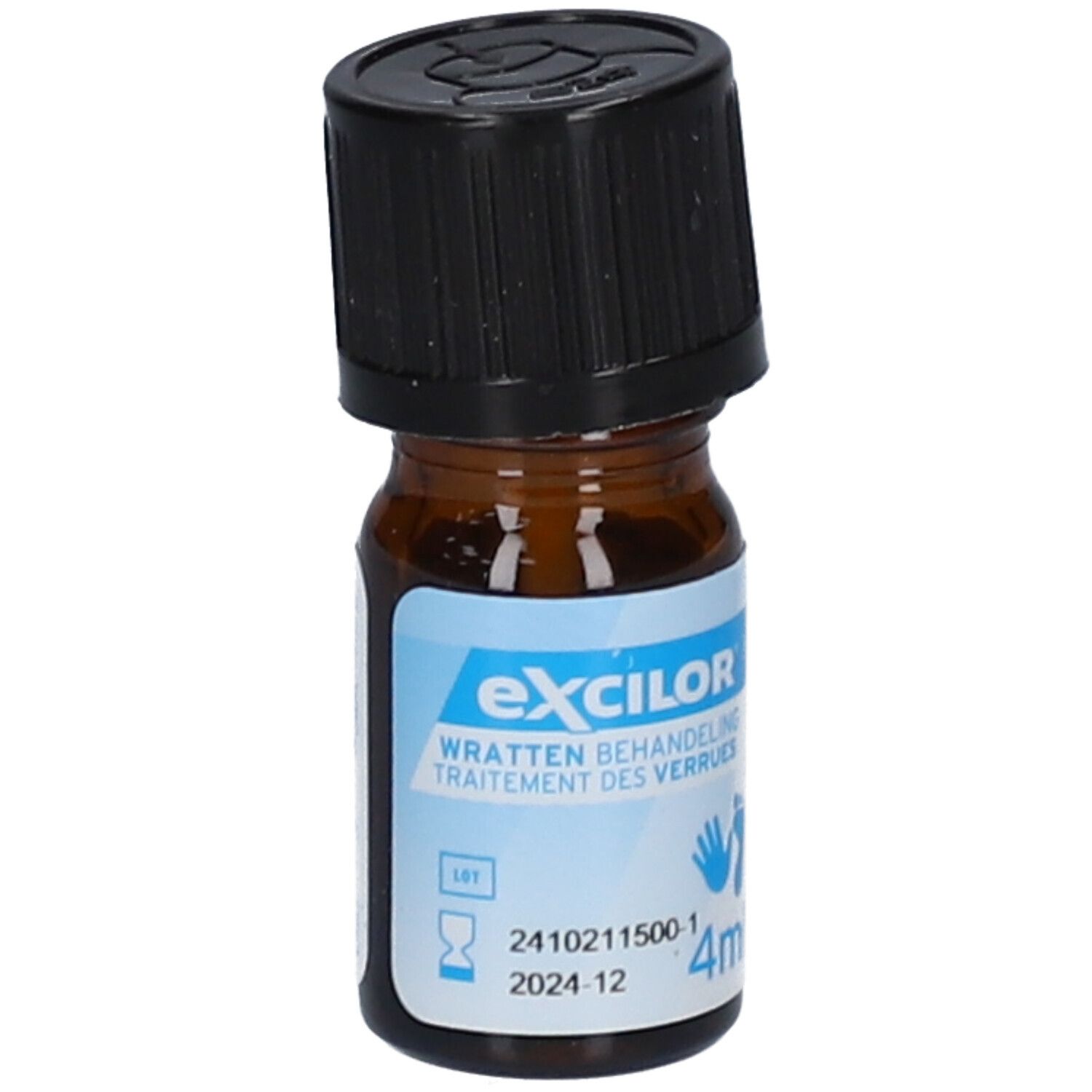 Flacon brun avec bouchon noir. Inscription : Excilor® Wratten behandeling, 4ml.