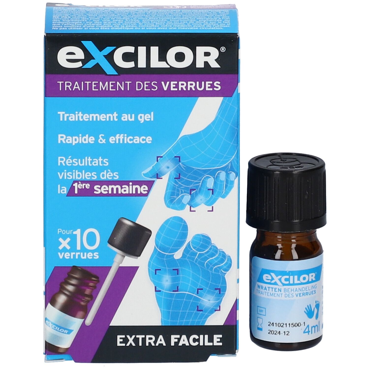 Flacon brun avec bouchon noir et emballage Excilor® Traitement des Verrues.