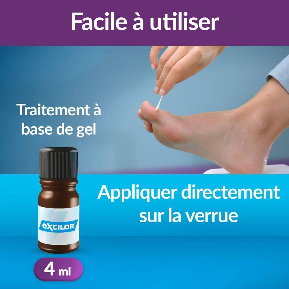 Flacon brun avec bouchon noir. Inscription : Excilor® Wratten behandeling, 4ml.