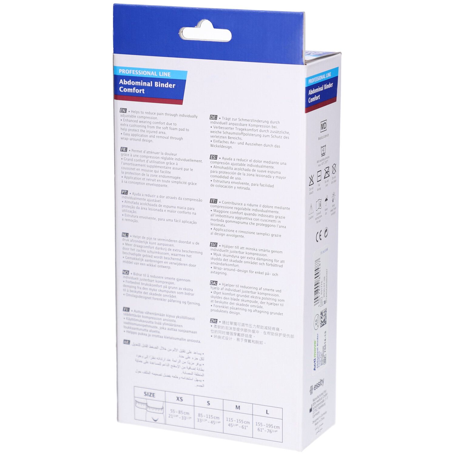 Dos de l'emballage Actimove® Abdominal Binder Comfort. Informations produit multilingues et tableau des tailles.