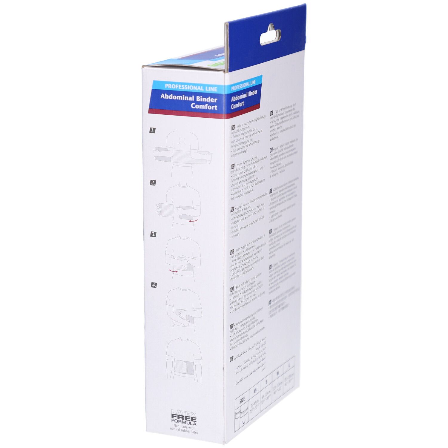 Côté de l'emballage Actimove® Abdominal Binder Comfort. Illustrations d'utilisation et nom du produit.