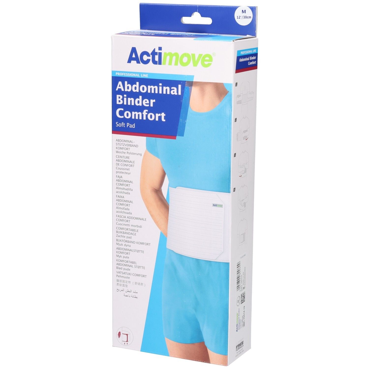 Emballage Actimove Abdominal Binder Comfort. Produit porté. Taille M. Ceinture abdominale blanche. Emballage bleu et blanc.