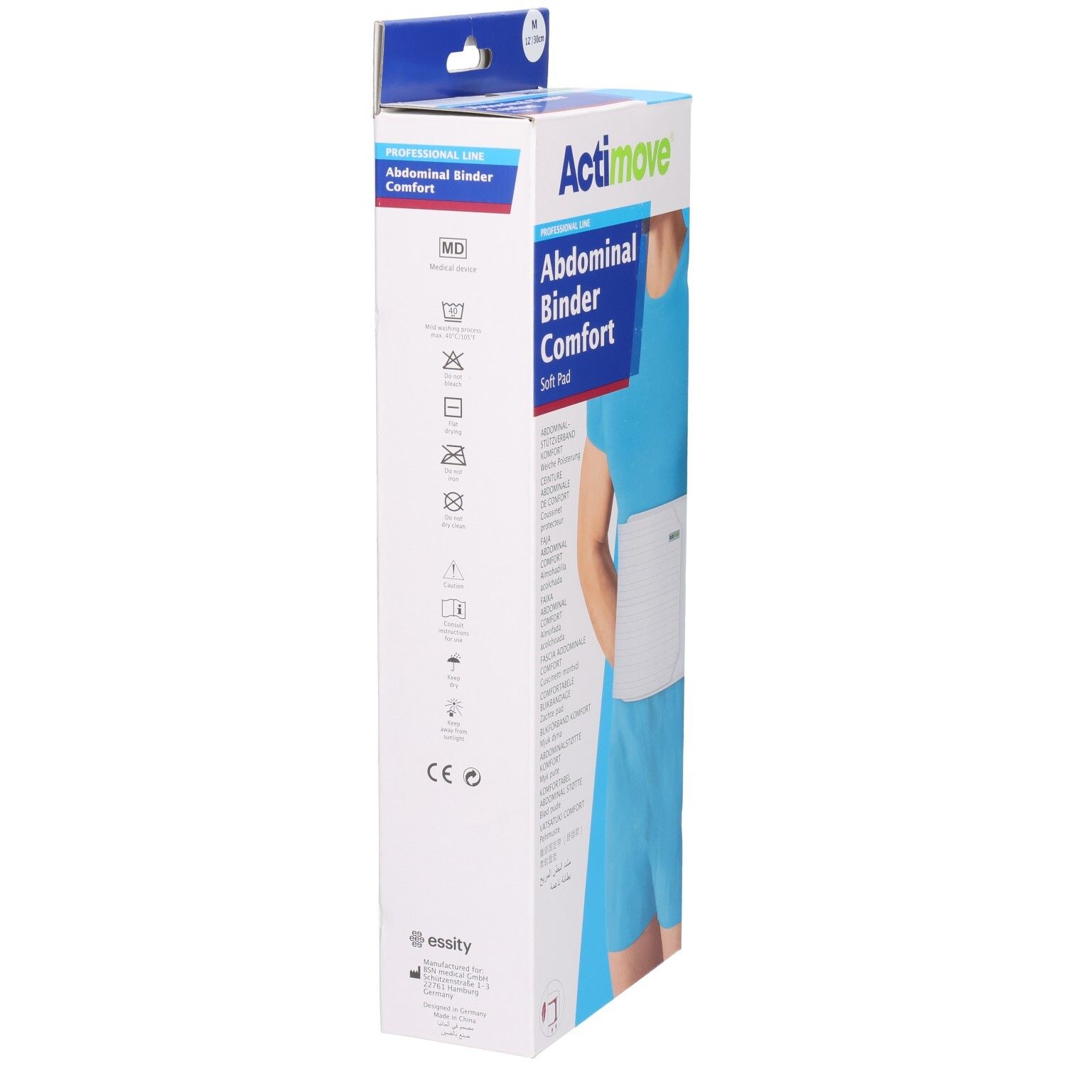 Emballage Actimove Abdominal Binder Comfort. Côté avec symboles de lavage et marquage CE. Blanc et bleu.