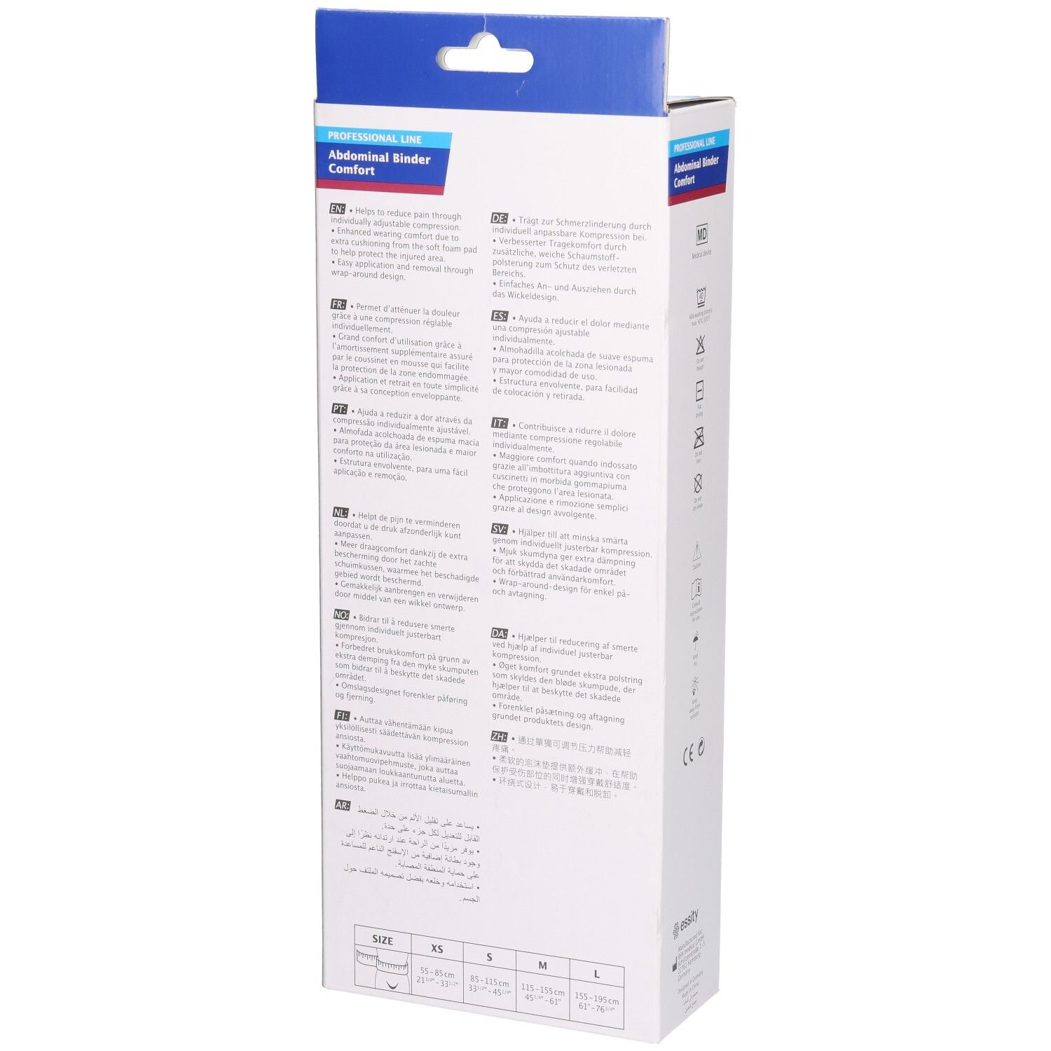 Emballage Actimove Abdominal Binder Comfort. Dos avec informations produit en plusieurs langues. Blanc et bleu.