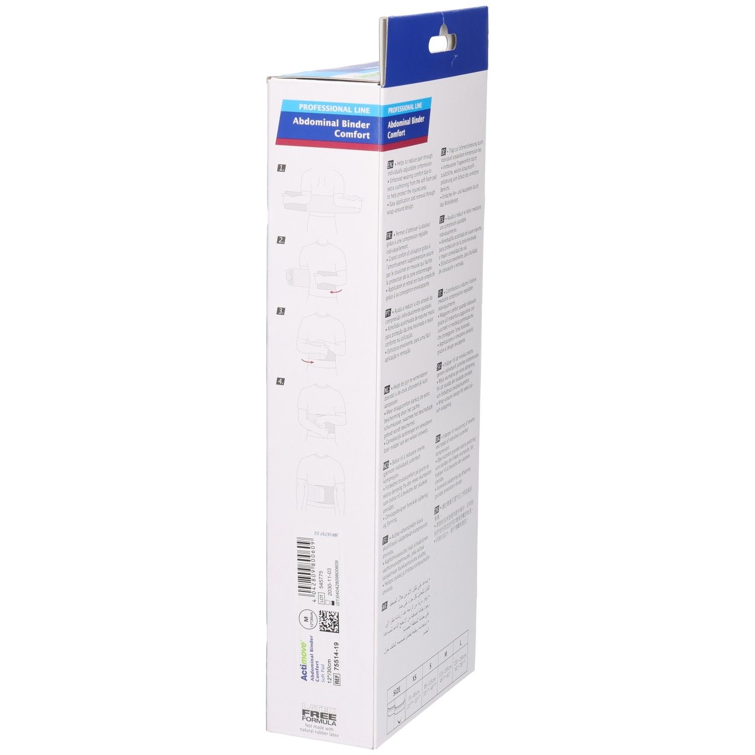 Emballage Actimove Abdominal Binder Comfort. Côté avec informations produit. Blanc et bleu.