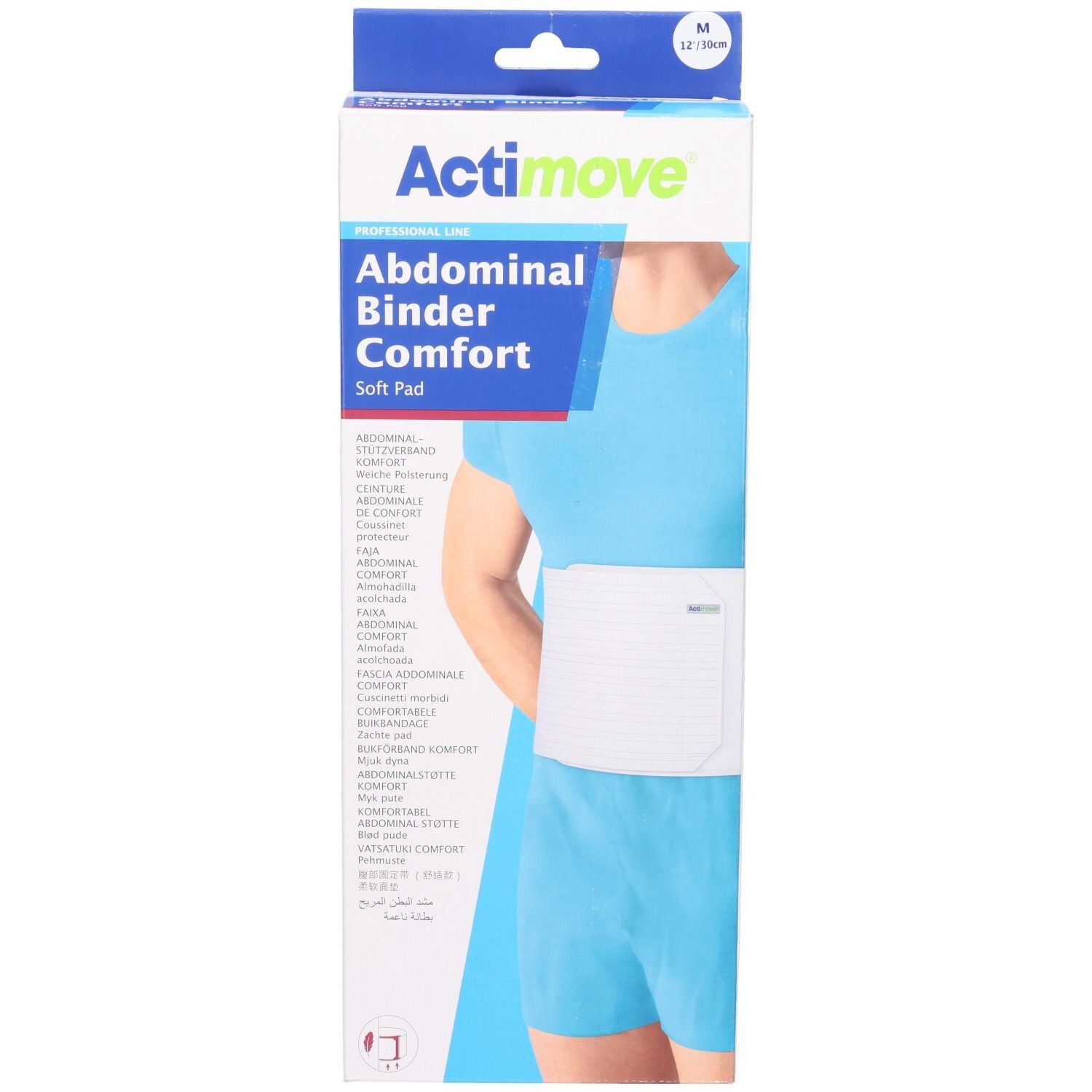 Emballage Actimove Abdominal Binder Comfort. Produit porté. Taille M. Ceinture abdominale blanche. Emballage bleu et blanc.