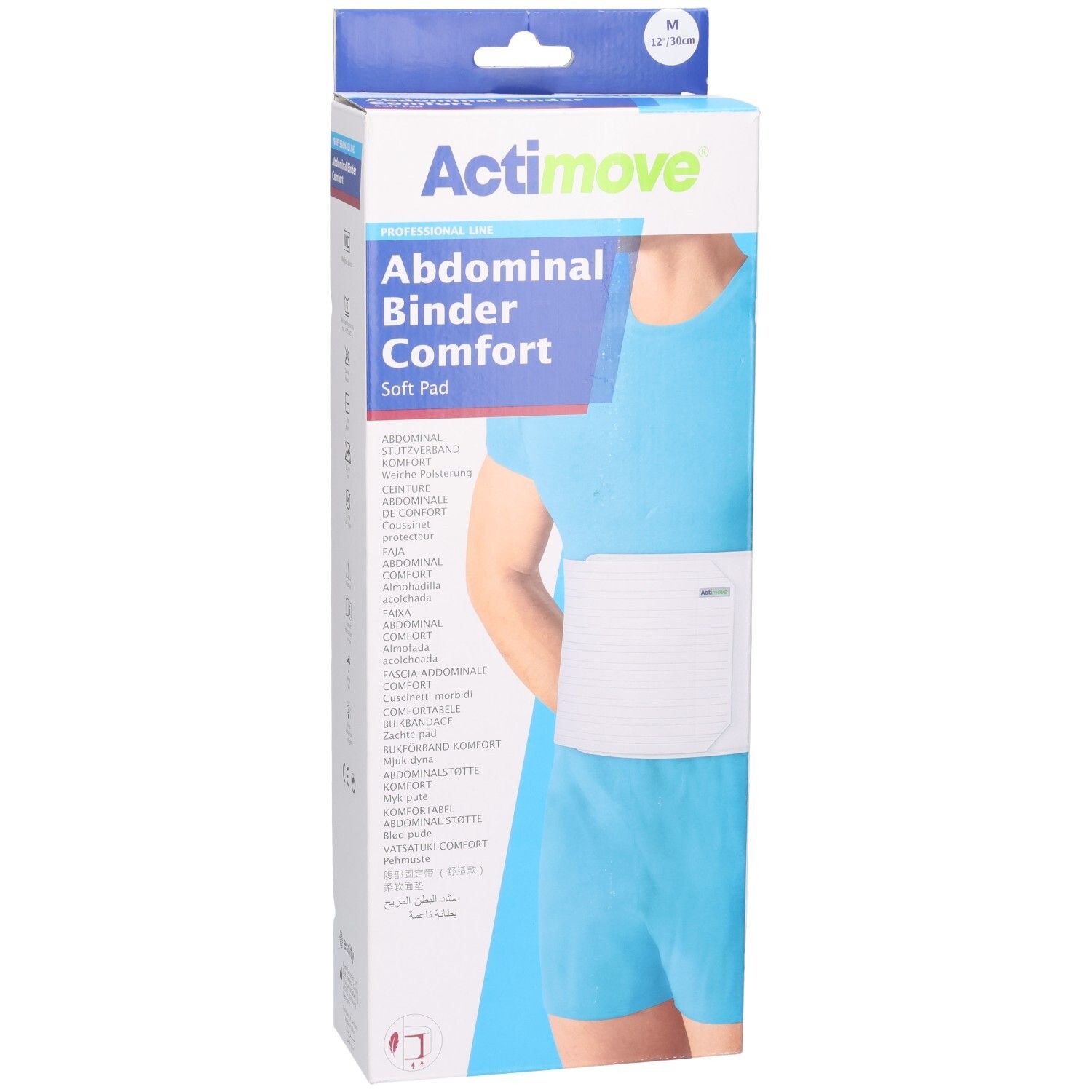 Emballage Actimove Abdominal Binder Comfort. Produit porté. Taille M. Ceinture abdominale blanche. Emballage bleu et blanc.