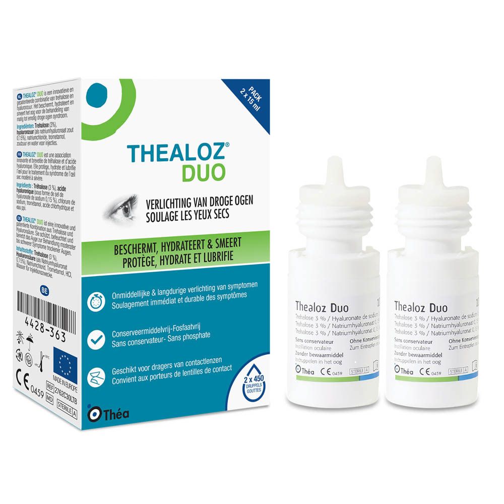 Boîte Thealoz Duo avec deux flacons. Flacons blancs avec bouchons blancs. 2x15 ml.