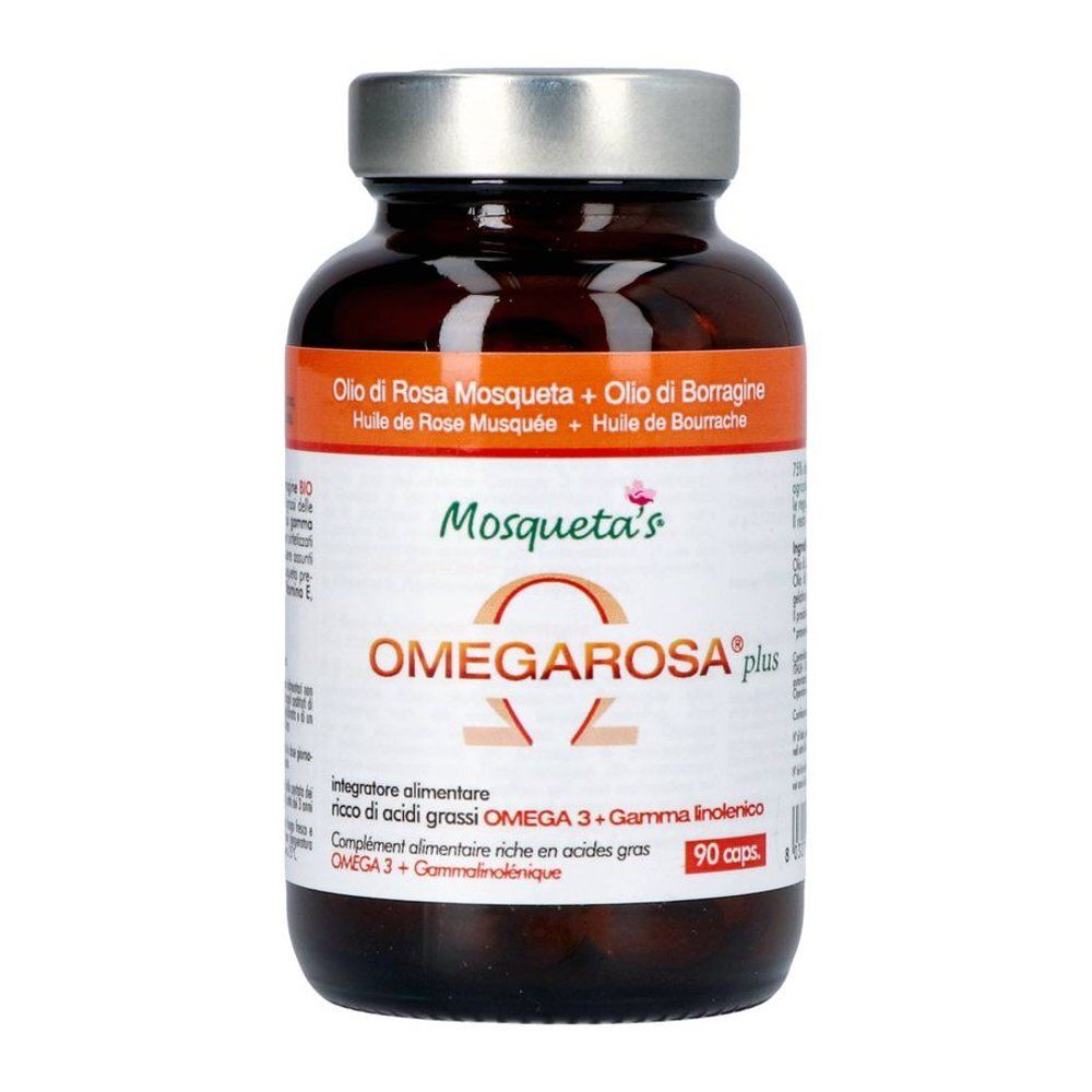 Bouteille avec étiquette indiquant "Omegarosa plus" et 90 gélules.