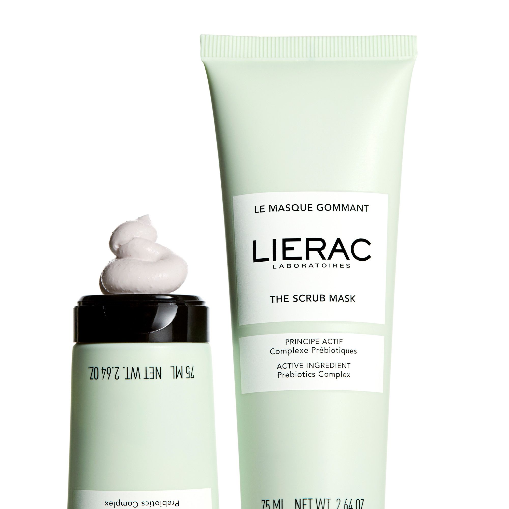 Tube vert clair et masque. Inscription: LIERAC, THE SCRUB MASK. 75 ml.