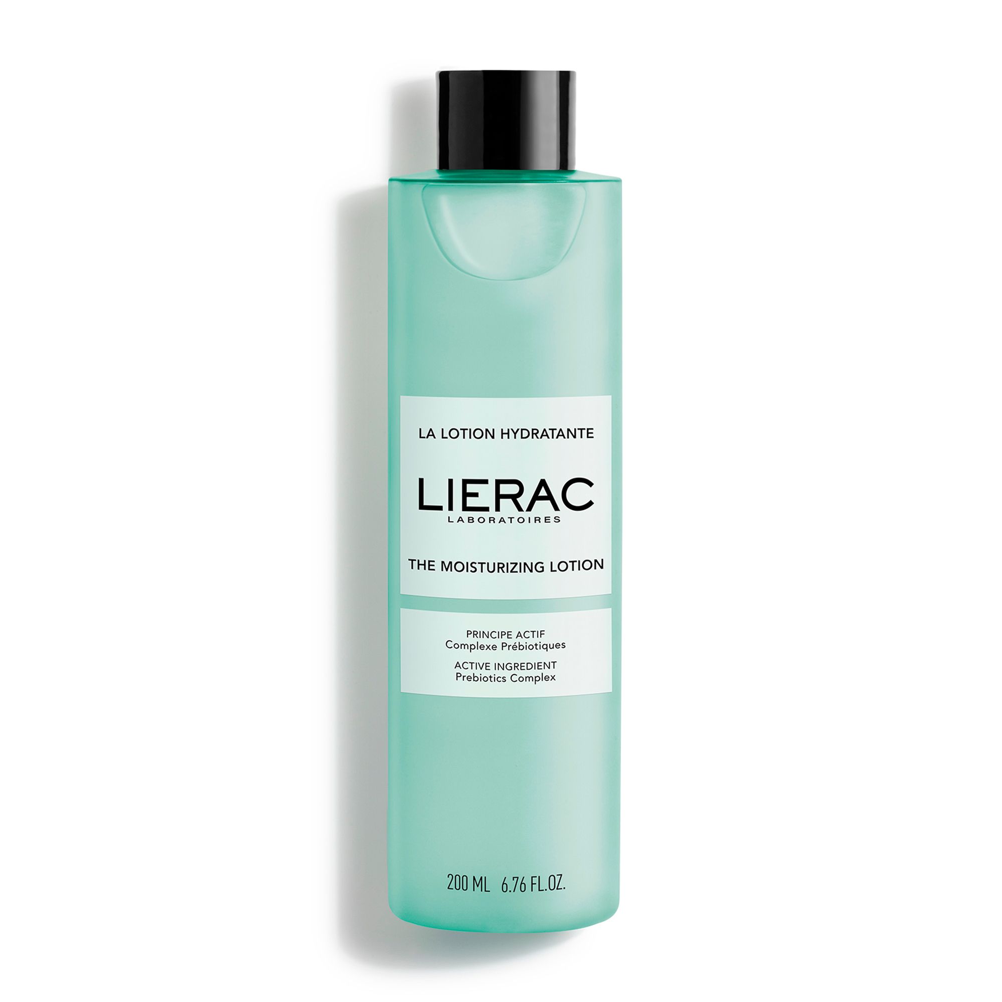 Flacon cylindrique, bouchon noir. Inscriptions: LIERAC, LA LOTION HYDRATANTE, THE MOISTURIZING LOTION. 200 ml.