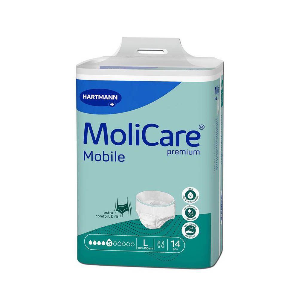 Paquet MoliCare Mobile Premium L. Emballage bleu et blanc avec illustration du produit et indications de taille.
