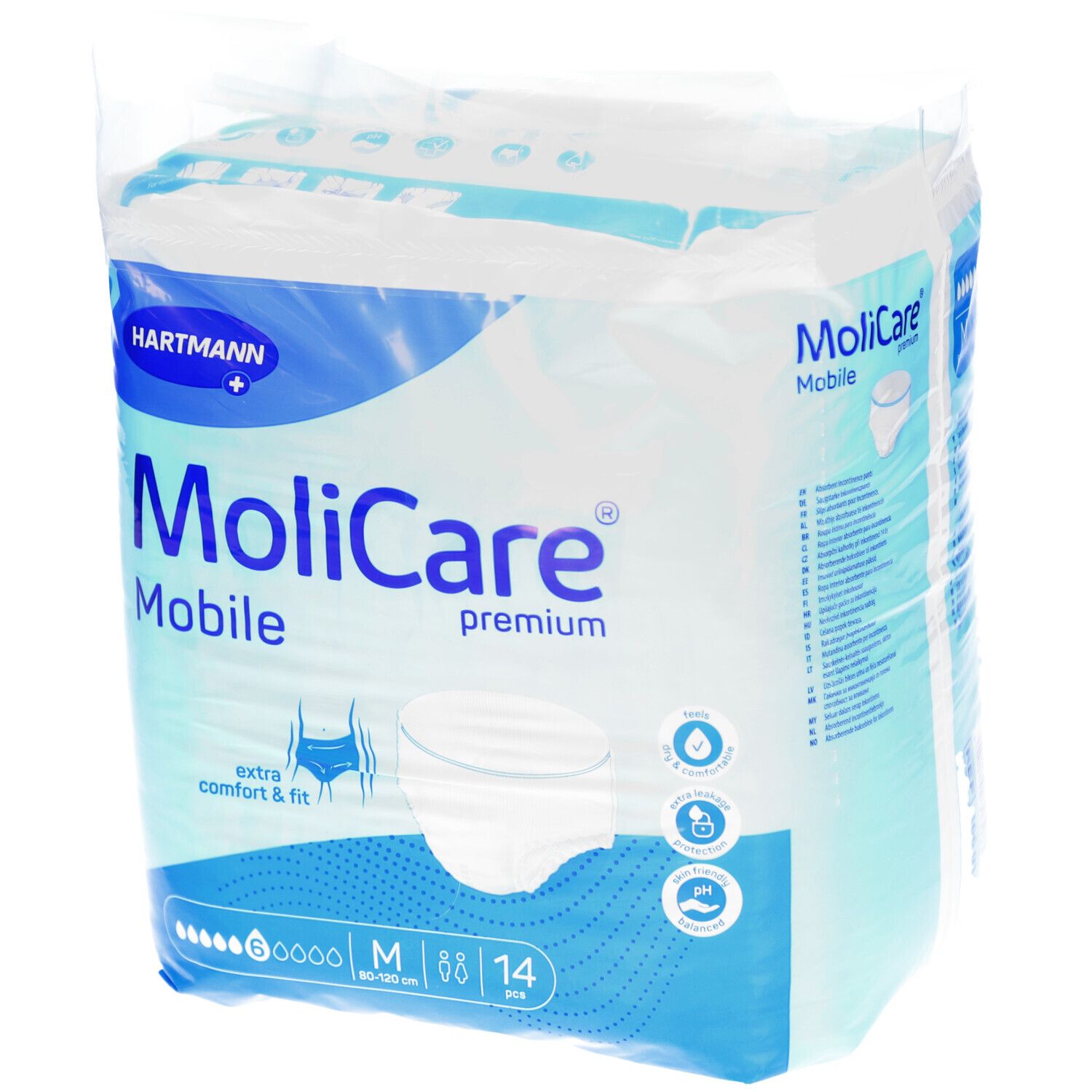 MoliCare Mobile Premium, emballé. Taille M, 14 pièces. Confort et ajustement extra. 6 gouttes. Logo Hartmann.