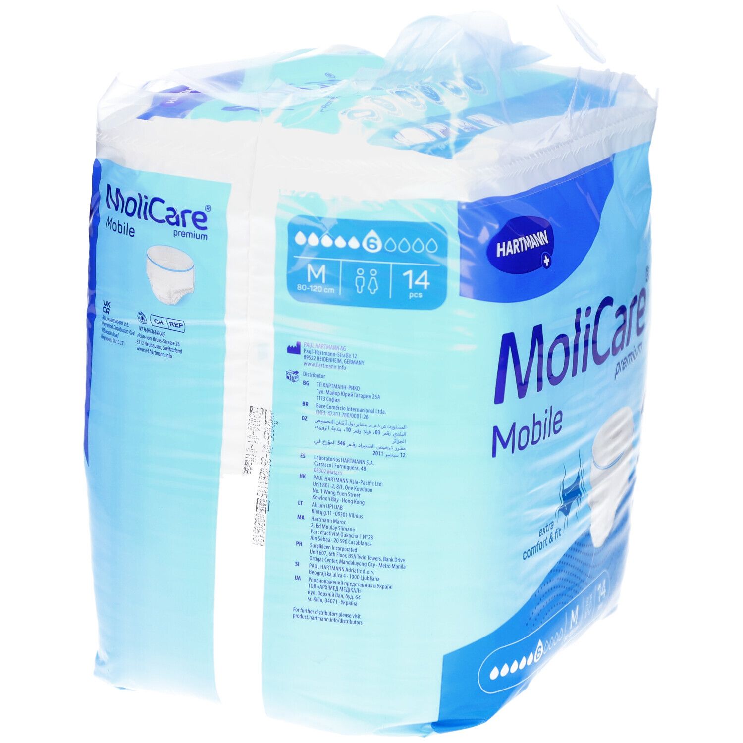 MoliCare Mobile Premium, emballé. Dos avec informations produit. Taille M, 14 pièces. 6 gouttes. Logo Hartmann.