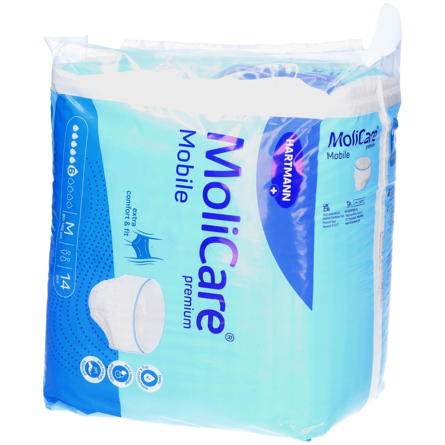 MoliCare Mobile Premium, emballé. Taille M, 14 pièces. Confort et ajustement extra. 6 gouttes. Logo Hartmann.