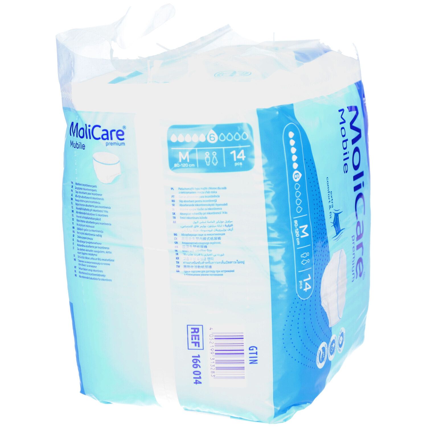 MoliCare Mobile Premium, emballé. Dos avec informations produit. Taille M, 14 pièces. 6 gouttes. Logo Hartmann.