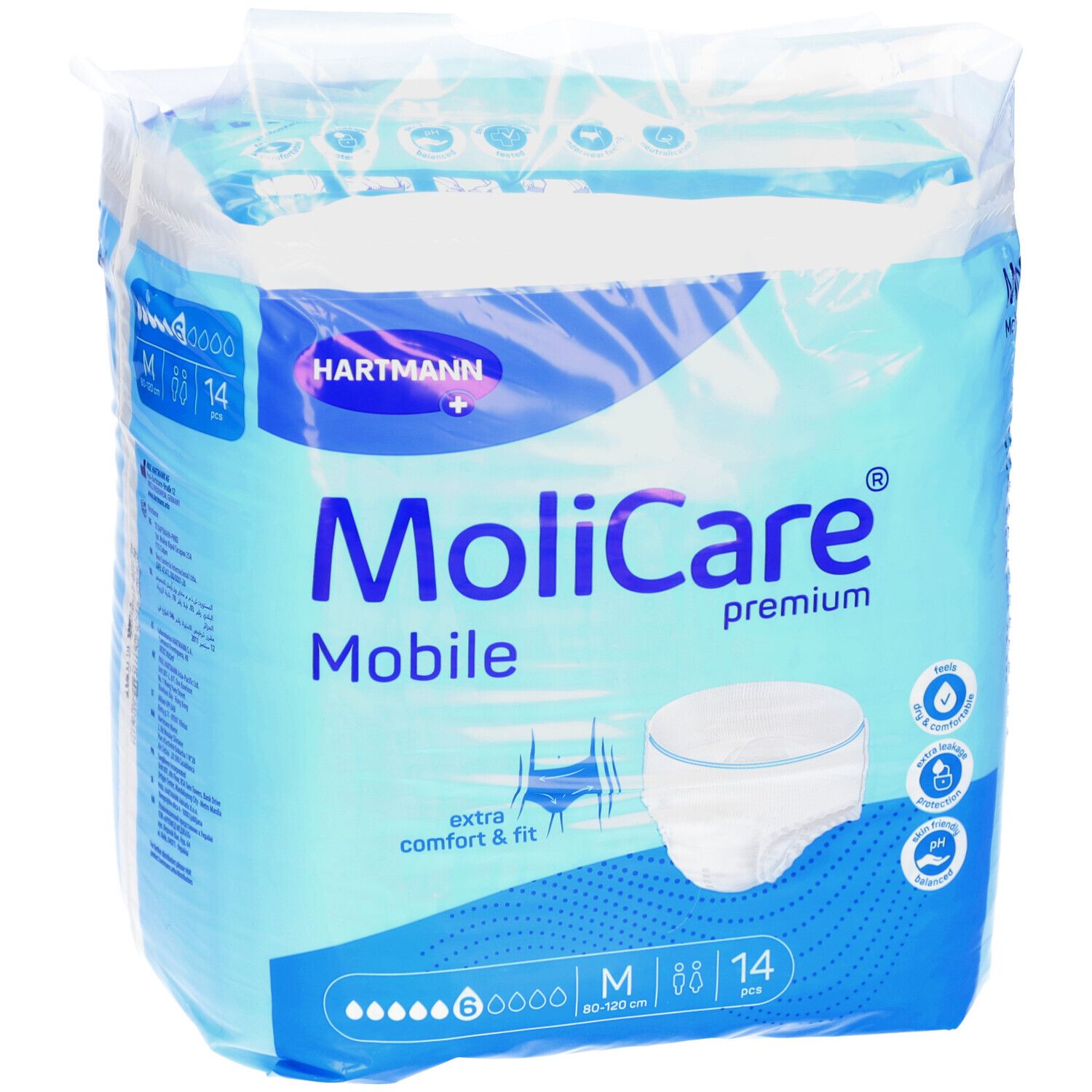MoliCare Mobile Premium, emballé. Taille M, 14 pièces. Confort et ajustement extra. 6 gouttes. Logo Hartmann.