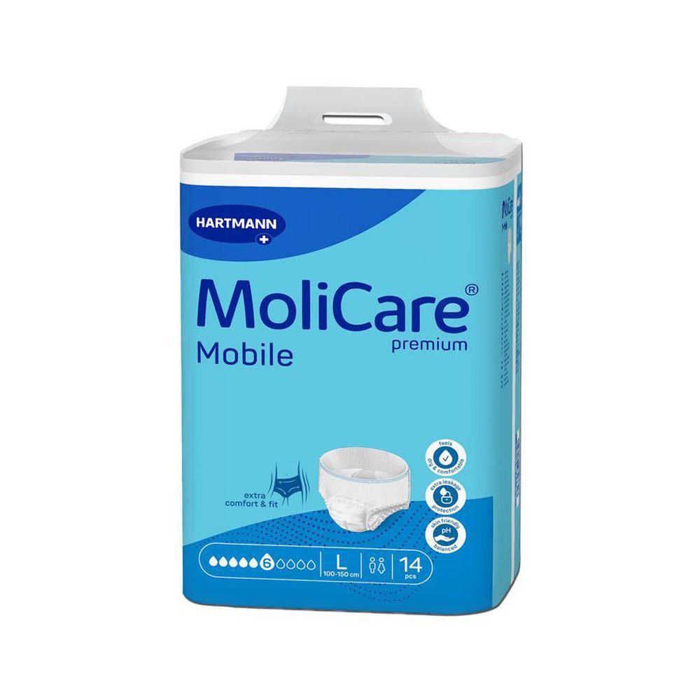 Paquet MoliCare Mobile bleu. Nom et absorption visibles. Taille L. 14 unités.