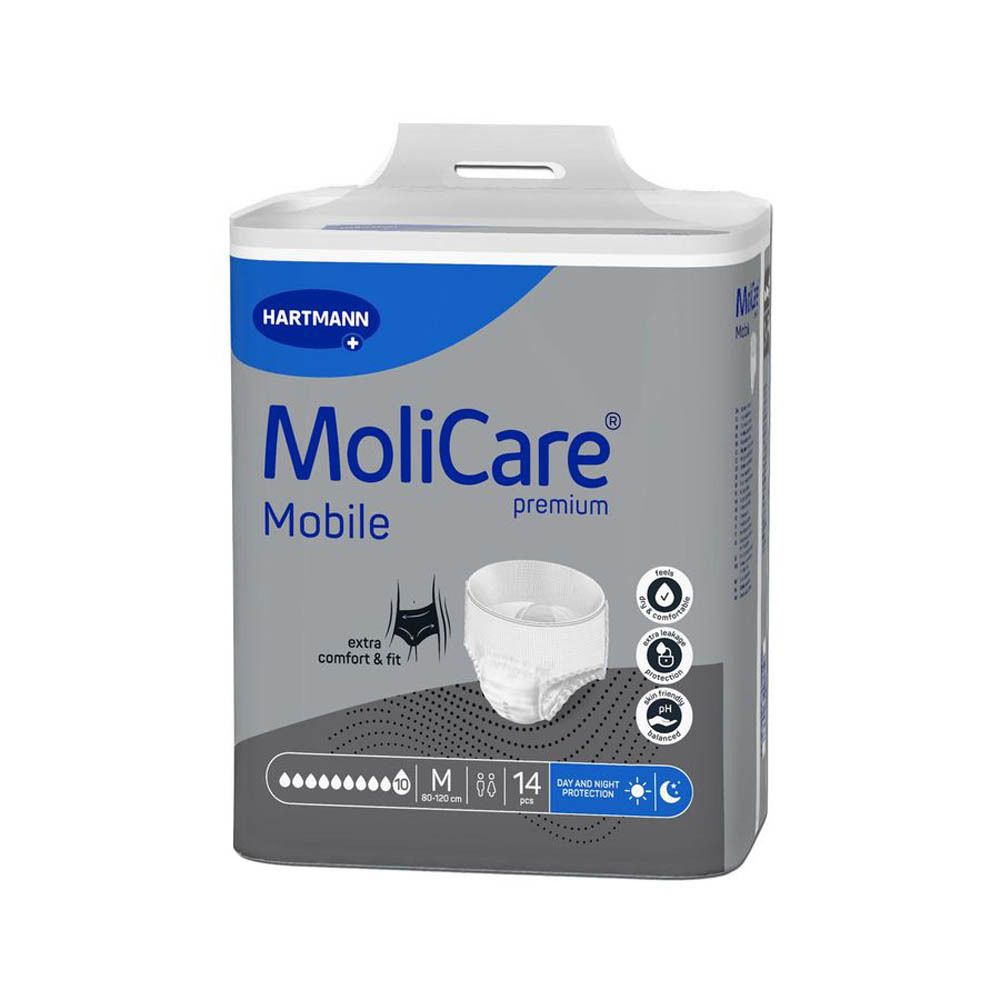 Emballage MoliCare Premium Mobile. Emballage gris et blanc. Nom et logo visibles. Taille M, 14 unités.