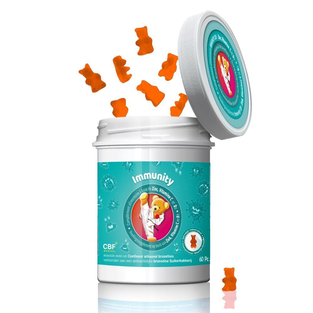 Pot blanc avec couvercle. Inscription 'Immunity CBF'. Illustration d'un ours karatéka. 60 pièces.