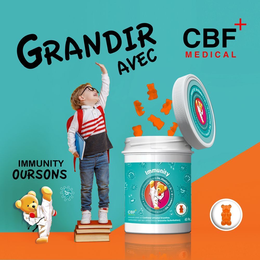 Enfant avec produit. Pot blanc avec couvercle. Inscription 'Immunity CBF'. Illustration d'ours karatéka.