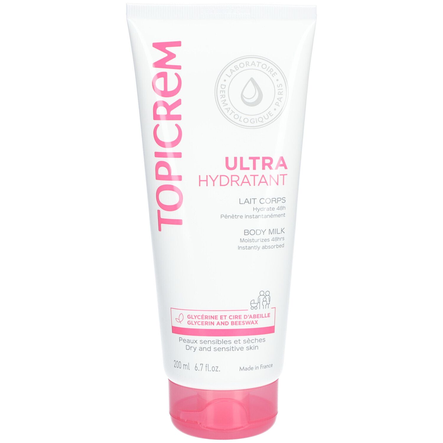 Tube blanc TOPICREM Ultra Hydratant Lait Corps. Inscription rose. Testé dermatologiquement. Bouchon rose. 200 ml.