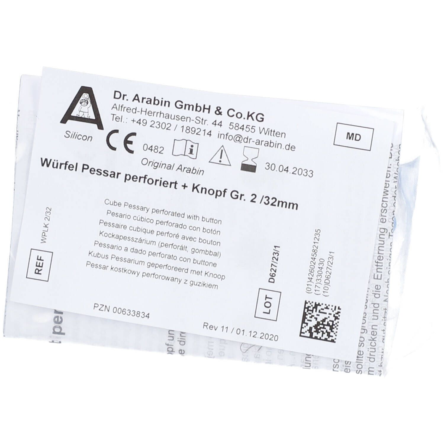 Emballage avec informations produit. Inscription: Pessaire cube perforé + bouton Gr. 2 / 32mm.