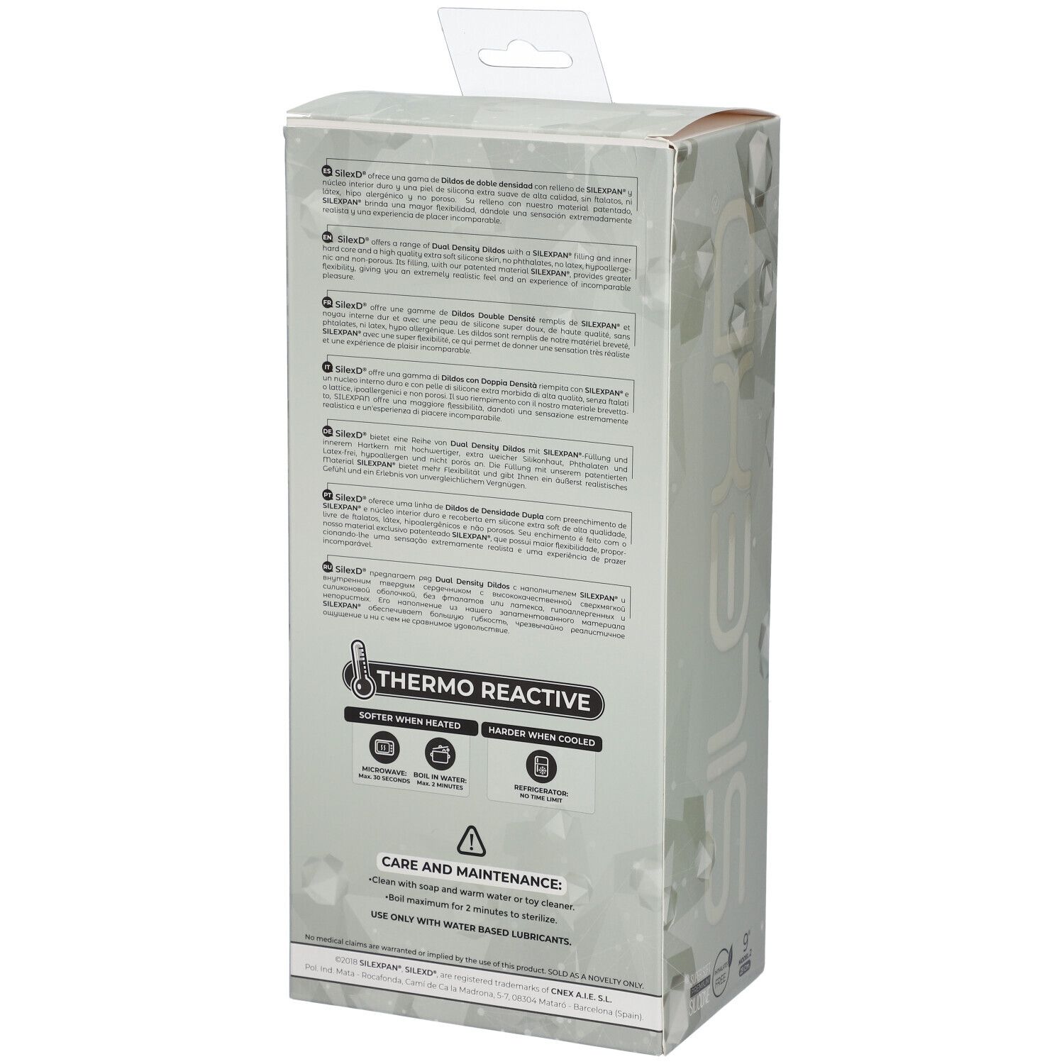 Dos de l'emballage. Informations textuelles, Thermo Reactive, instructions d'entretien.