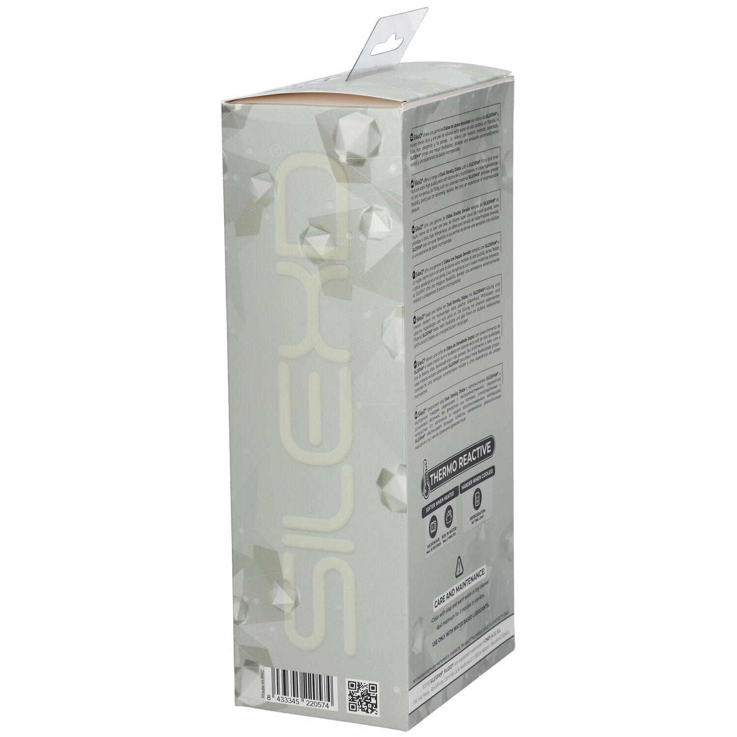 Emballage, côté avec texte. Thermo Reactive, instructions d'entretien, code-barres.