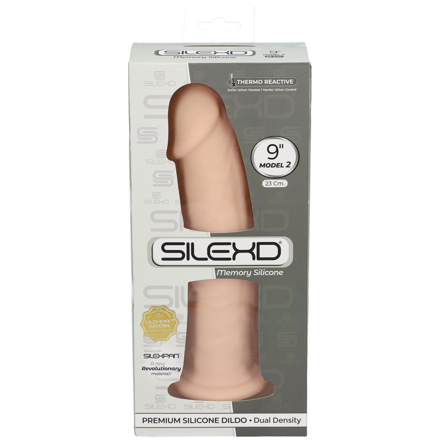 Dildo dans emballage. SILEXD, 23 cm, modèle 2. Silicone premium. Thermo Reactive.