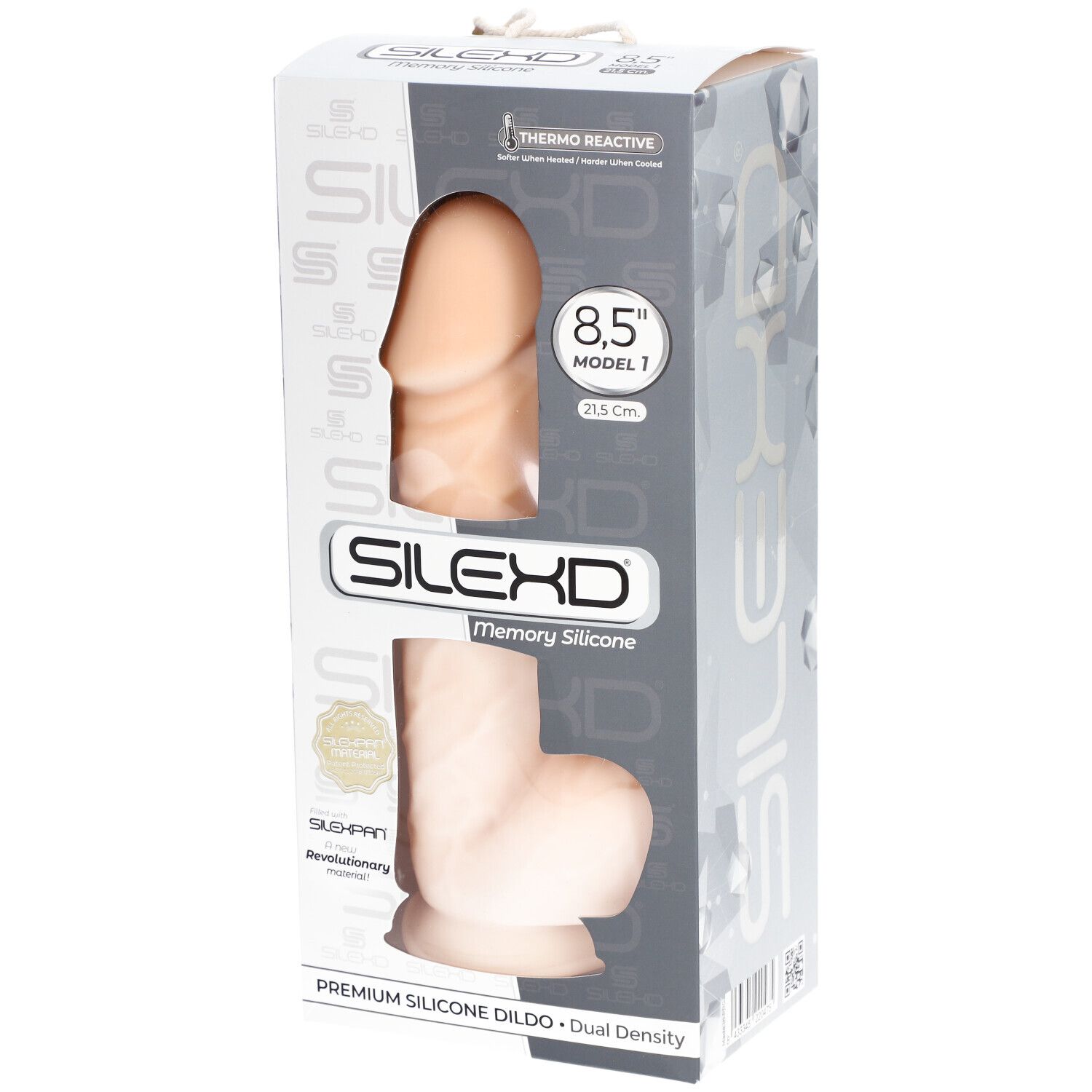 Emballage SILEXD Premium Dildo en silicone. Vue produit avec illustration et indication de taille.