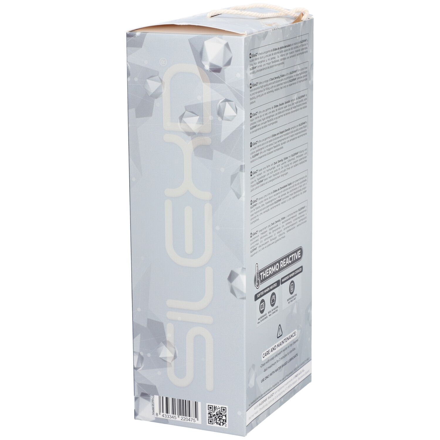 Vue latérale de l'emballage SILEXD. Informations textuelles et fonction Thermo Reactive.