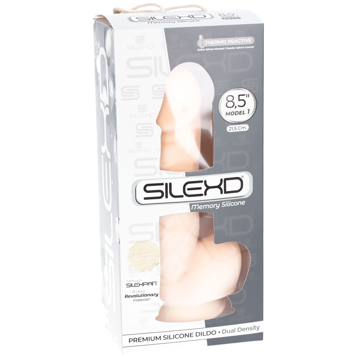 Dildo en silicone SILEXD Premium dans son emballage. Vue produit avec indication de taille et caractéristiques.