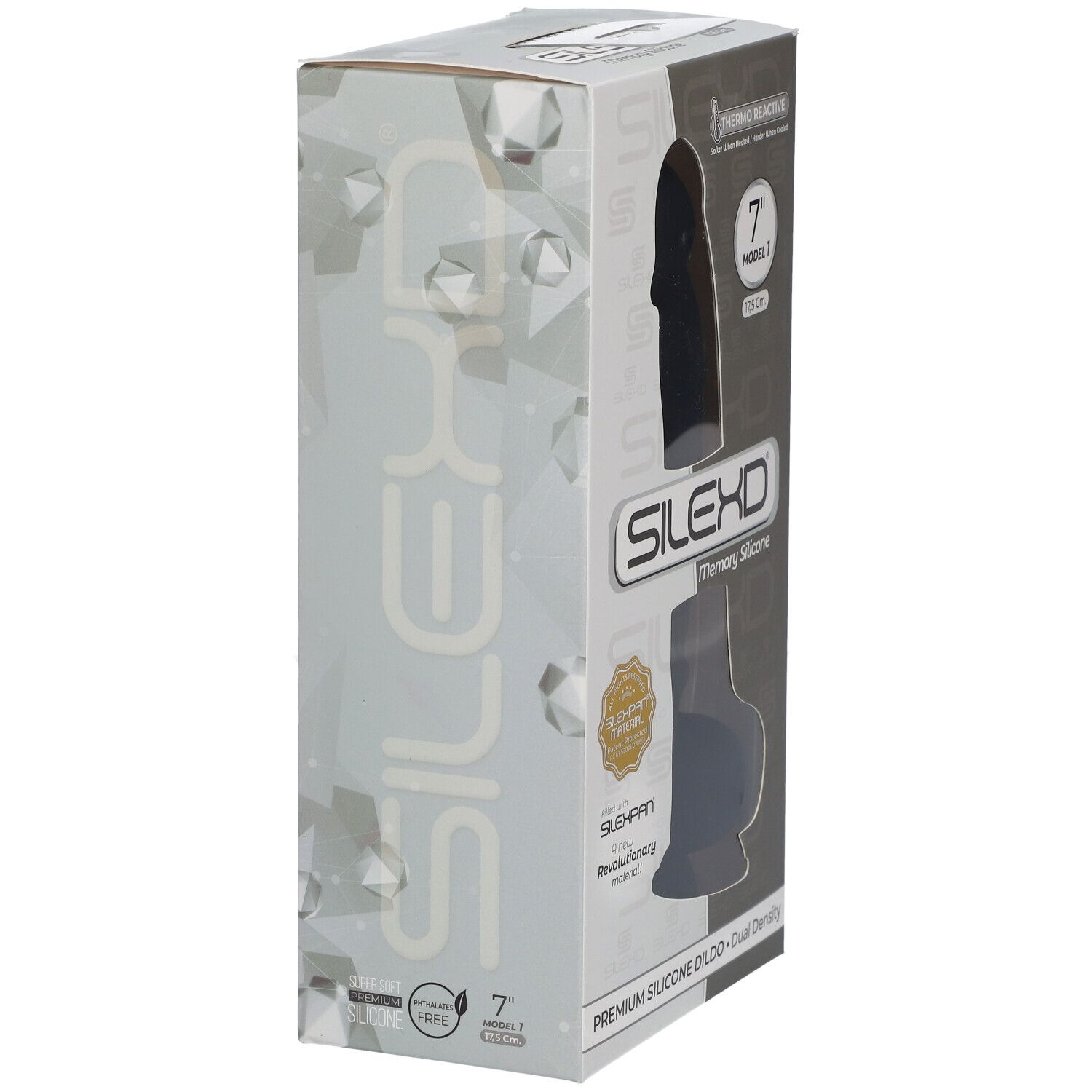 Emballage SILEXD Premium Silikon Dildo. Noir, 17,5 cm. Modèle 1. Thermo Reactive. Vue latérale.